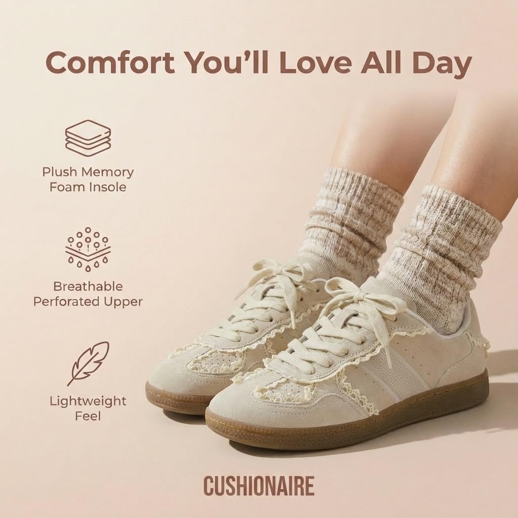 CUSHIONAIRE Belinda Women’s Lace Detail Casual Sneakers – Elegant Ribbon Lace-Up Summer Shoes for Women with Memory Foam, IVORY 9W