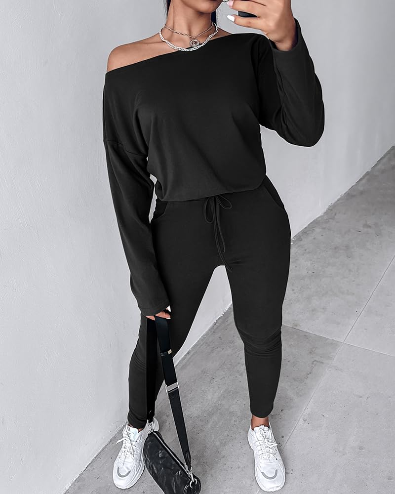 CHICME Womens Tracksuit Fall 2 piece Outfits Pants Set-Black-Large