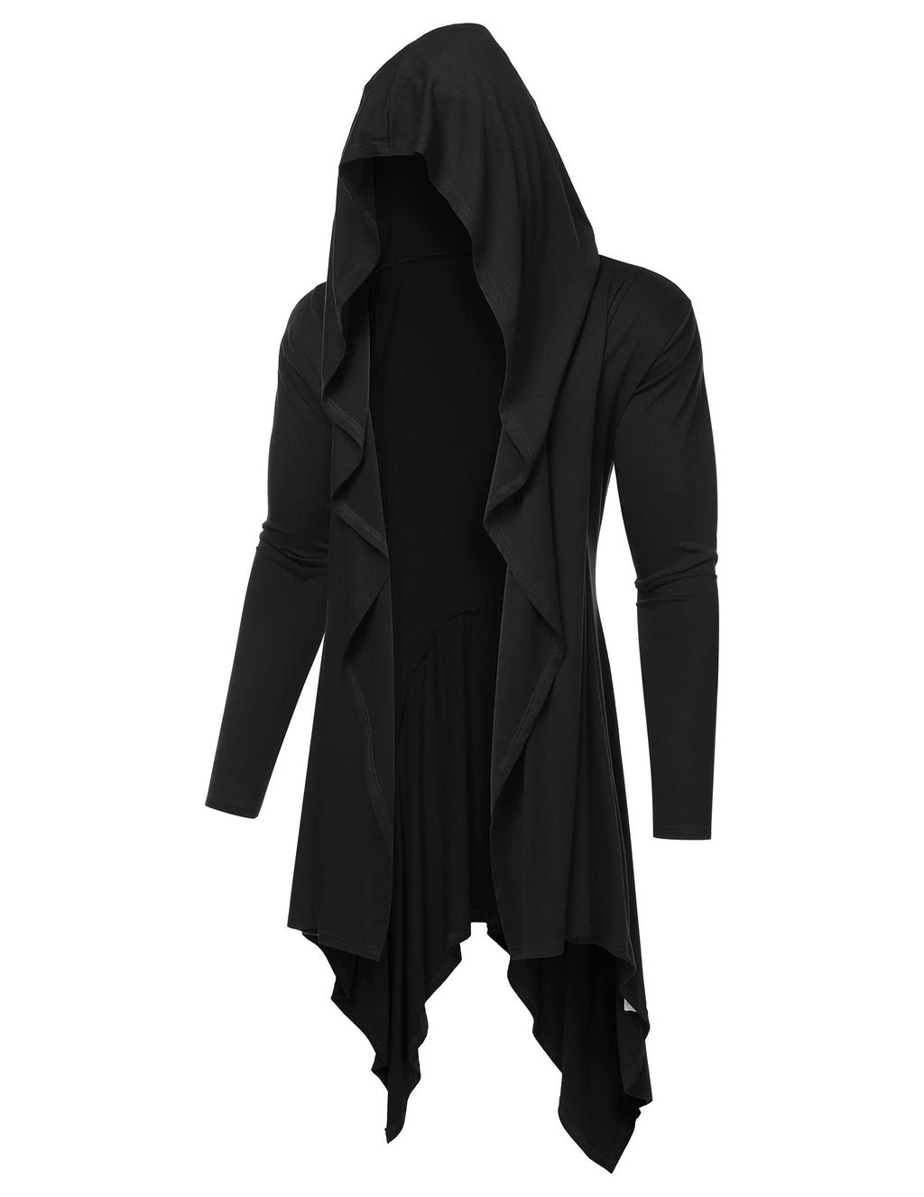 COOFANDY Men's Long Hooded Cardigan Ruffle Shawl Collar Open Front Lightweight Drape Cape Overcoat Pockets, Black, Large