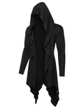 COOFANDY Men's Long Hooded Cardigan Ruffle Shawl Collar Open Front Lightweight Drape Cape Overcoat Pockets, Black, Large