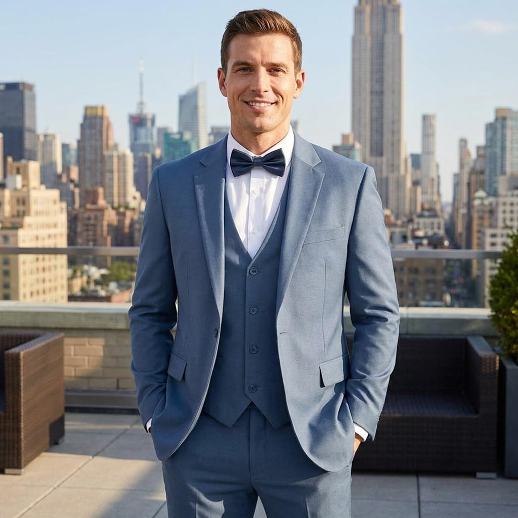 Men's 3-Piece Slim Fit Suit with Bow Tie, Single Button Blazer Vest Pants Set for Wedding Business, Formal Suit for Men Blue Grey