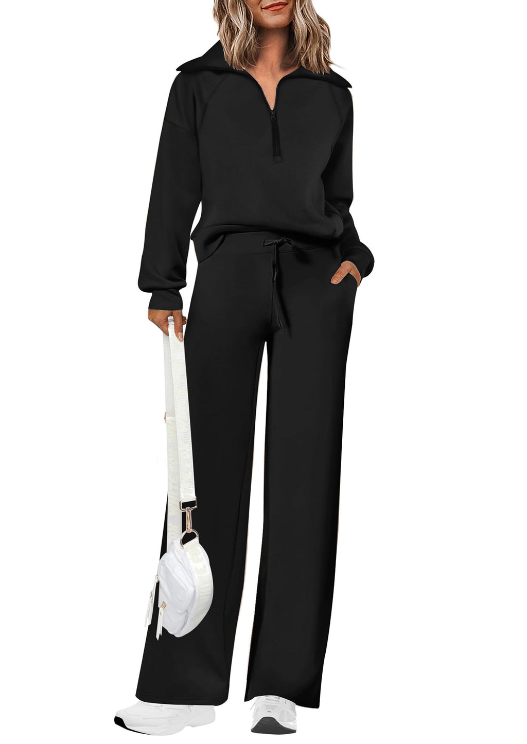PRETTYGARDEN Women's 2025 Fall Lounge Sets Casual Half Zip Sweatshirt and Wide Leg Pants 2 Piece Outfits Sweatsuit (Black,Medium)