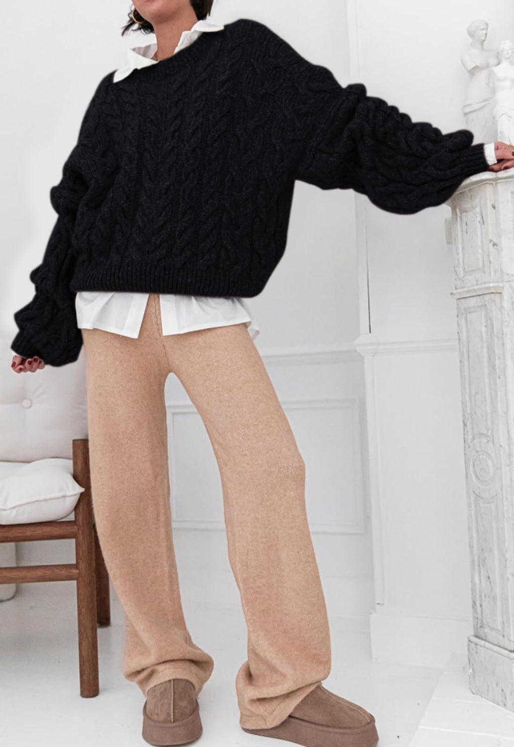 PRETTYGARDEN Womens Sweaters Spring 2026 Cable Knit Long Sleeve Crewneck Oversized Sweater Chunky Pullover Loose Outfits (Black, Medium)
