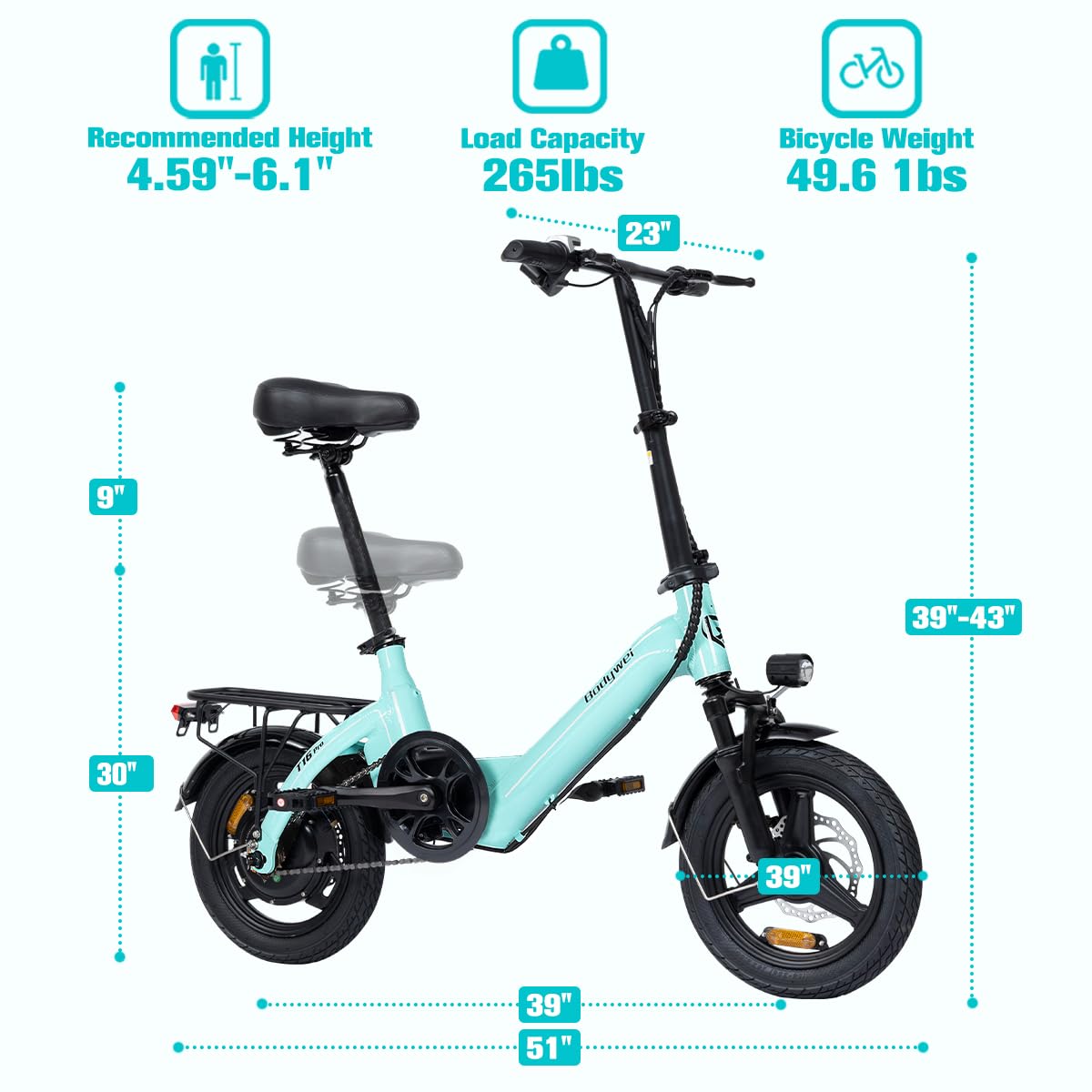 Bodywel Electric Bike for Adults Teens, 14" Mini Foldable Ebike, 400W Peak Motor, 20 MPH, 25 Miles Range, City Commuter, Black