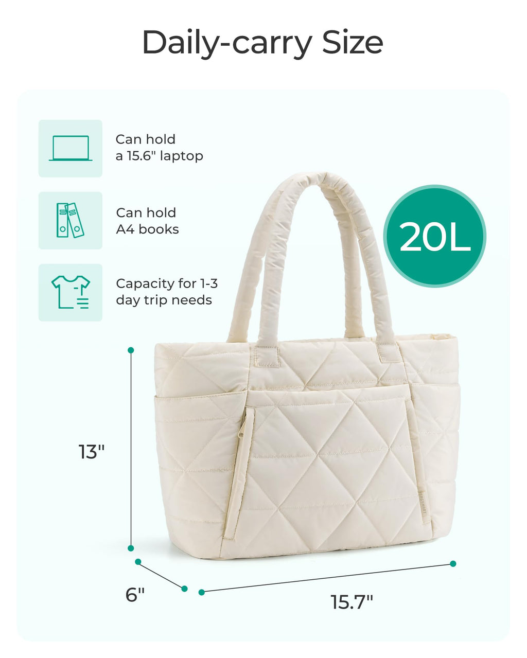 BAGSMART Tote Bag for Women, Puffy Tote Bag with Zipper, Large Quilted Shoulder Bag with Compartments for Travel, Work, Gym (Beige)