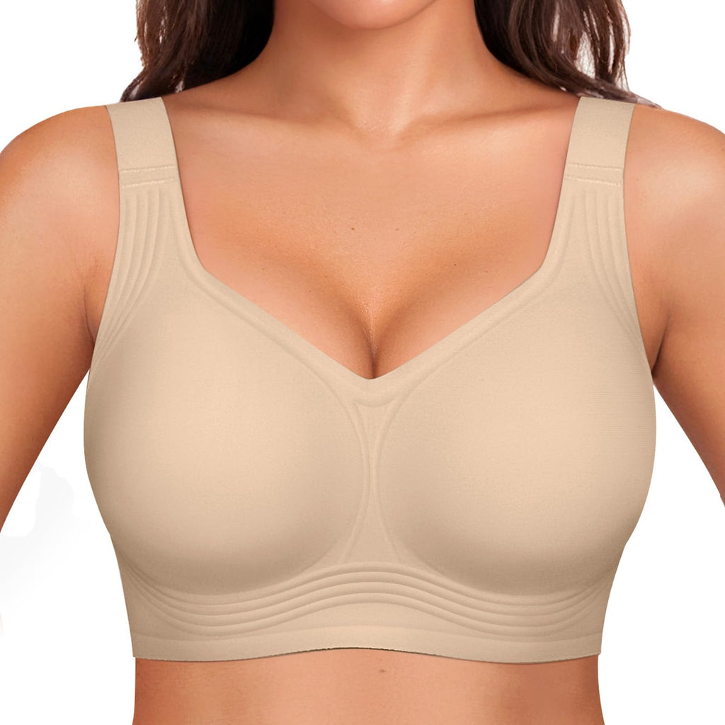 OEAK Womens Wireless Jelly Bra Plus Size Supportive Seamless Bras Full Coverage Push Up Comfortable No Underwire Tshirt Bras Creamy Beige L