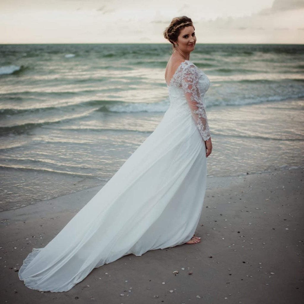 Findlovewedding Wedding Dresses for Bride 2024 with Lace Appliques Chiffon A Line Women Dress Long Sleeves Beach Bride Dress US16 Ivory