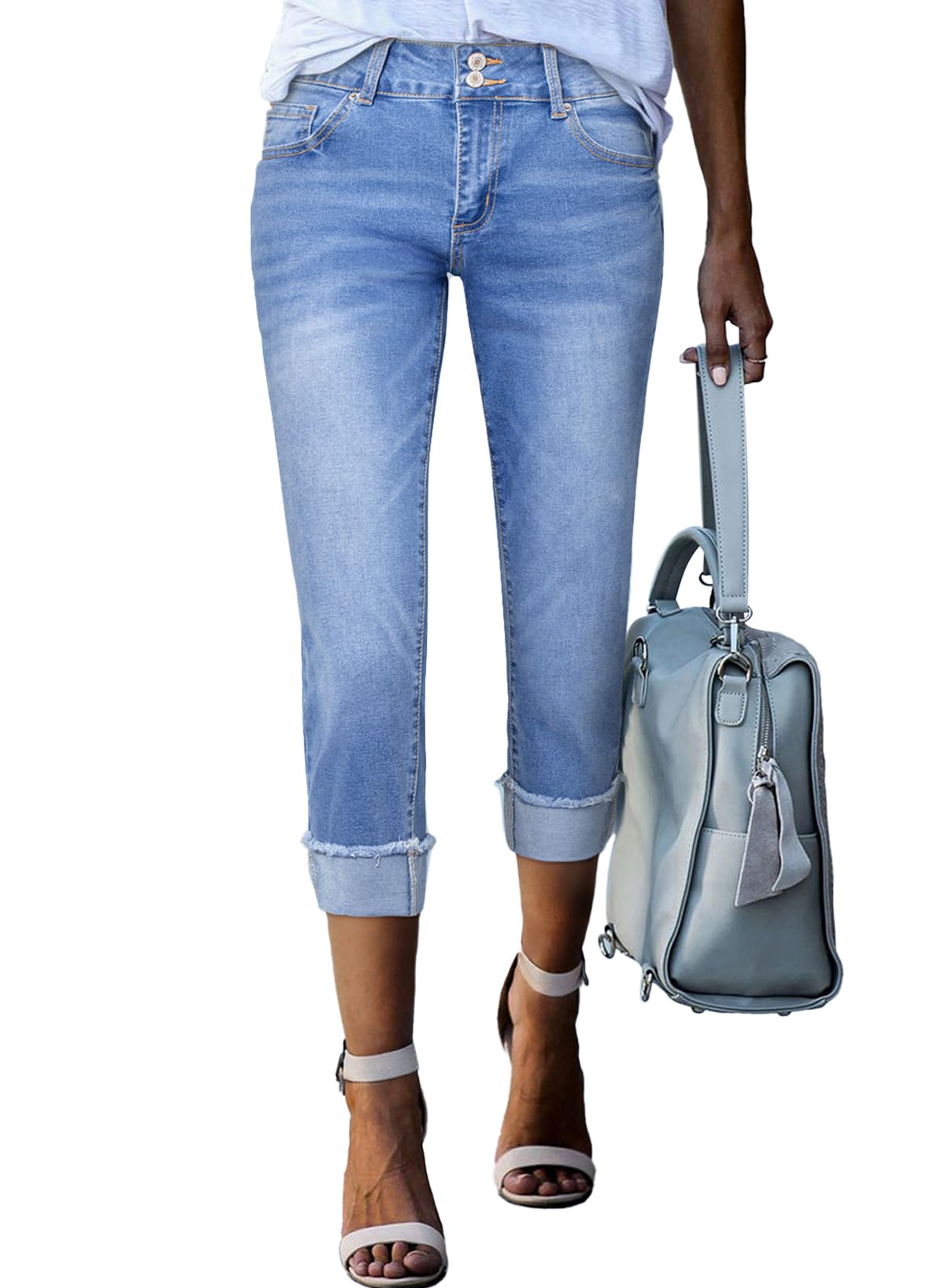 Sidefeel Women's High Waisted Stretchy Skinny Roll-up Summer Cuffed Cropped Denim Capri Pants Light Blue Size 6