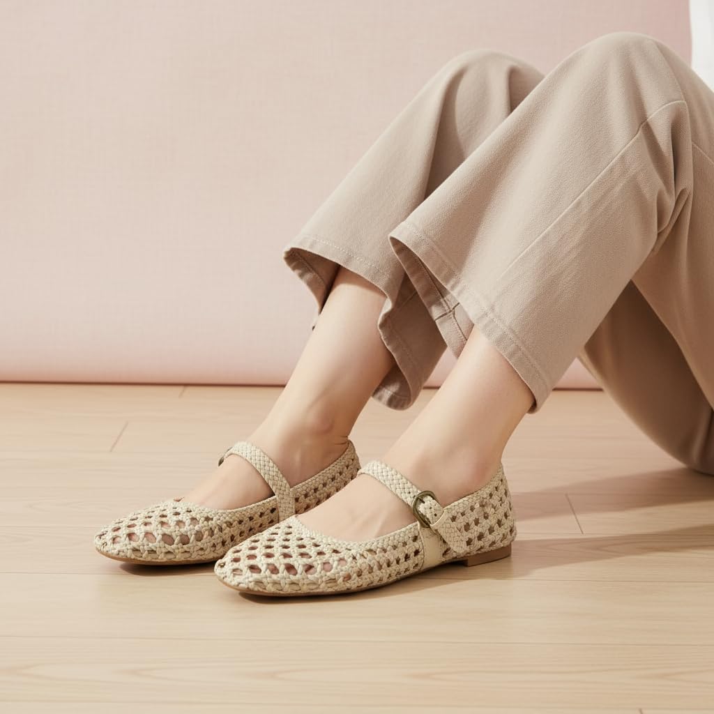 CUSHIONAIRE Weston Hand Woven Mary Jane Flats for Women, Comfortable Dressy Ballet Flats with Braided Adjustable Buckle and Memory Foam Cushioning, Wheat 9
