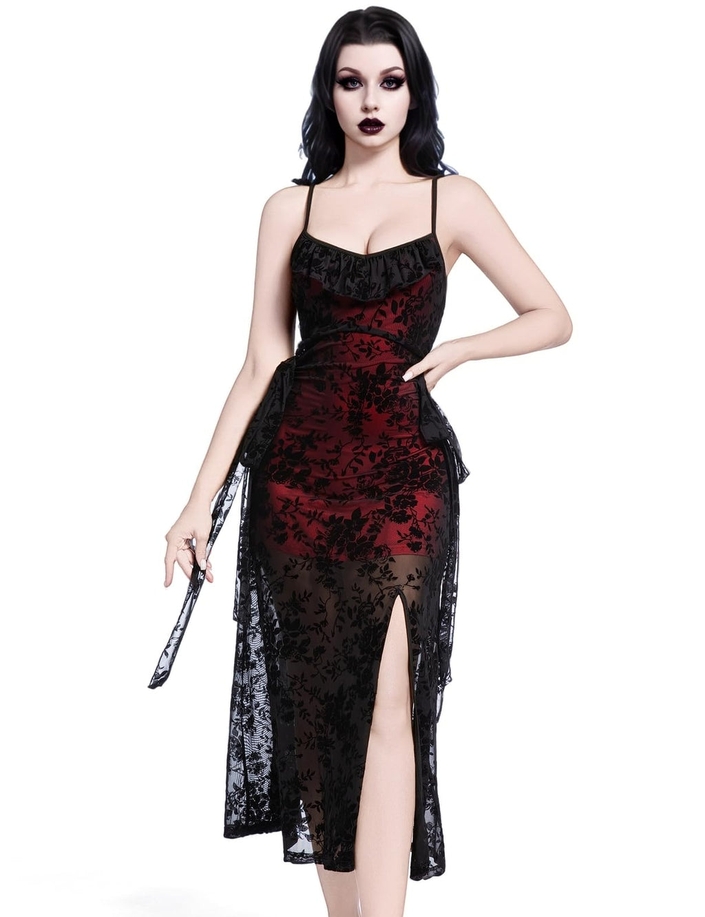 LANSHULAN Red & Black Velvet Slit Fitted Midi Goth Dress,Gothic Vintage Renaissance Halloween Dress