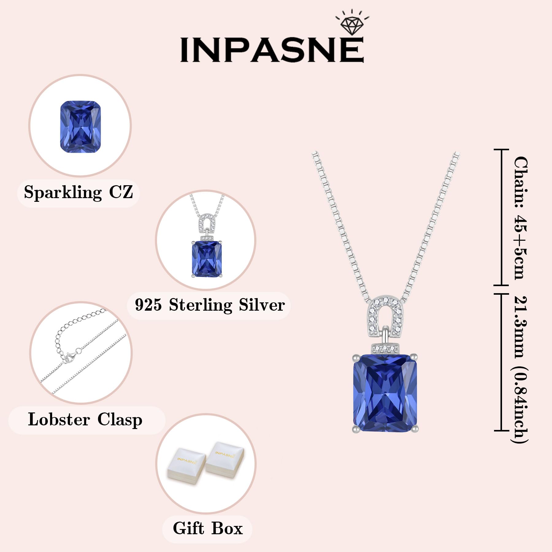Inpasne Tanzanite Necklace 925 Sterling Silver Emerald Cut Necklace Baguette Pendant December Birthstone Jewelry Gifts for Women