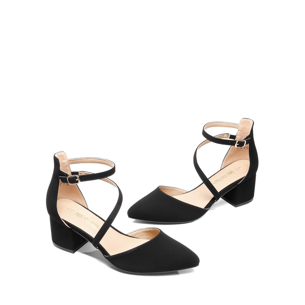DREAM PAIRS Women's Closed Pointed Toe Low Chunky Heels Pumps Ankle Strap Wedding Business Dressy Shoes,Size 8,Black-Nubuck,SDPU2354W