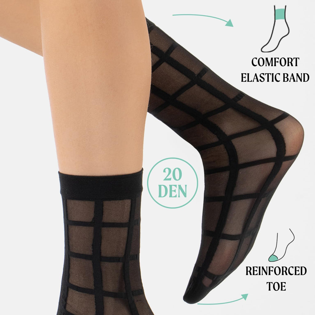 CALZITALY 3 Pairs Women Pop Socks, Sheer Everyday Ankle Socks in 3 Different Designs: Dots, Stripes and Geometric (One Size, Black)