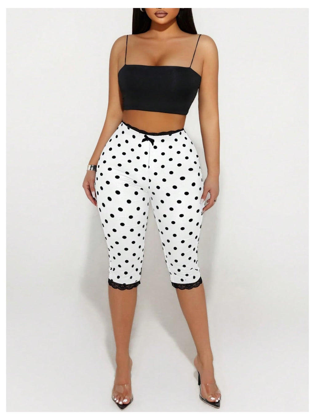WDIRARA Women's Polka Dots Capris Pants Lace Trim Elastic High Waisted Skinny Yoga Leggings White Large