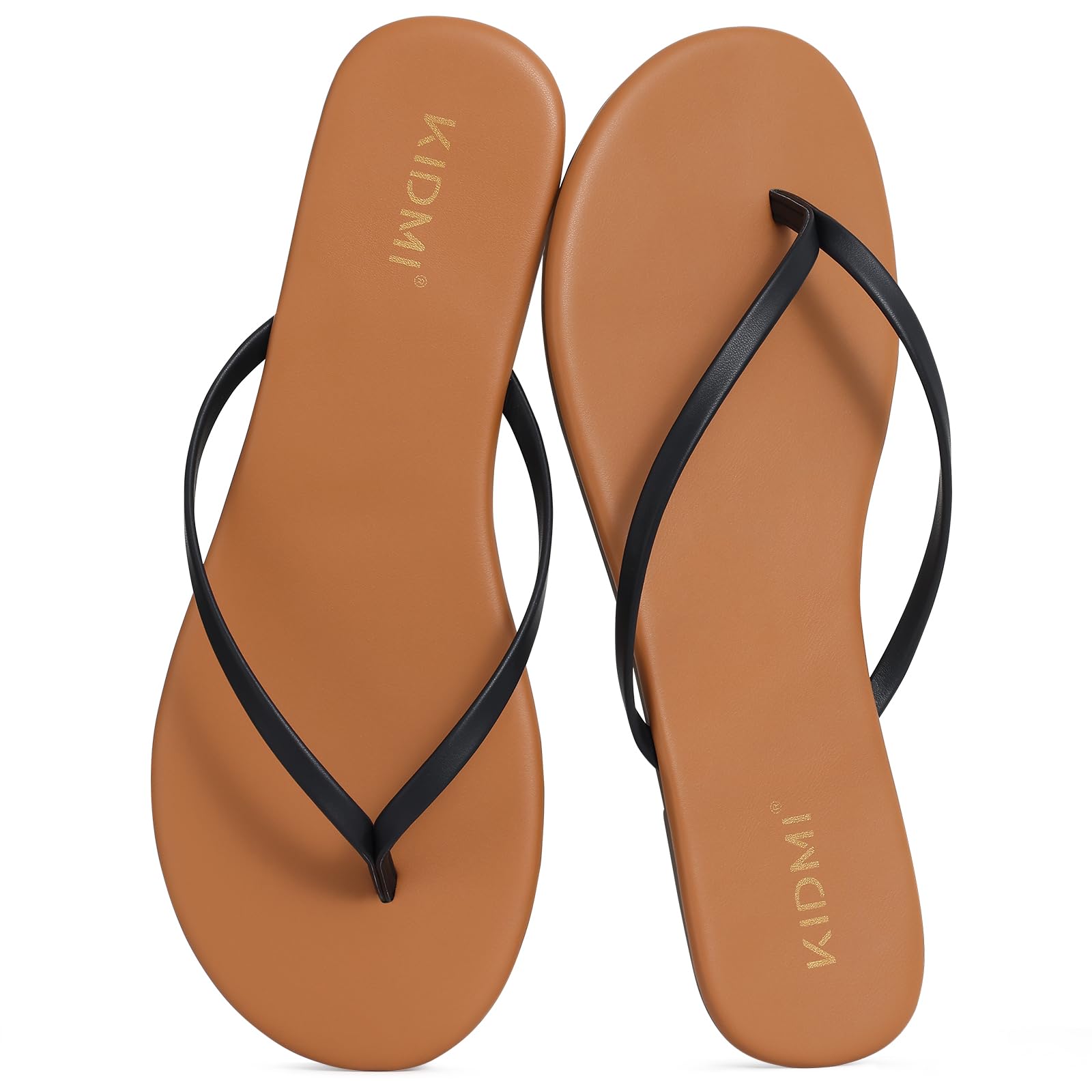 KIDMI Thong Flip Flops for Women - Memory Foam Summer Beach Sandals for Women - Vegan Leather Flat Sandals, Brown/Black EU 36