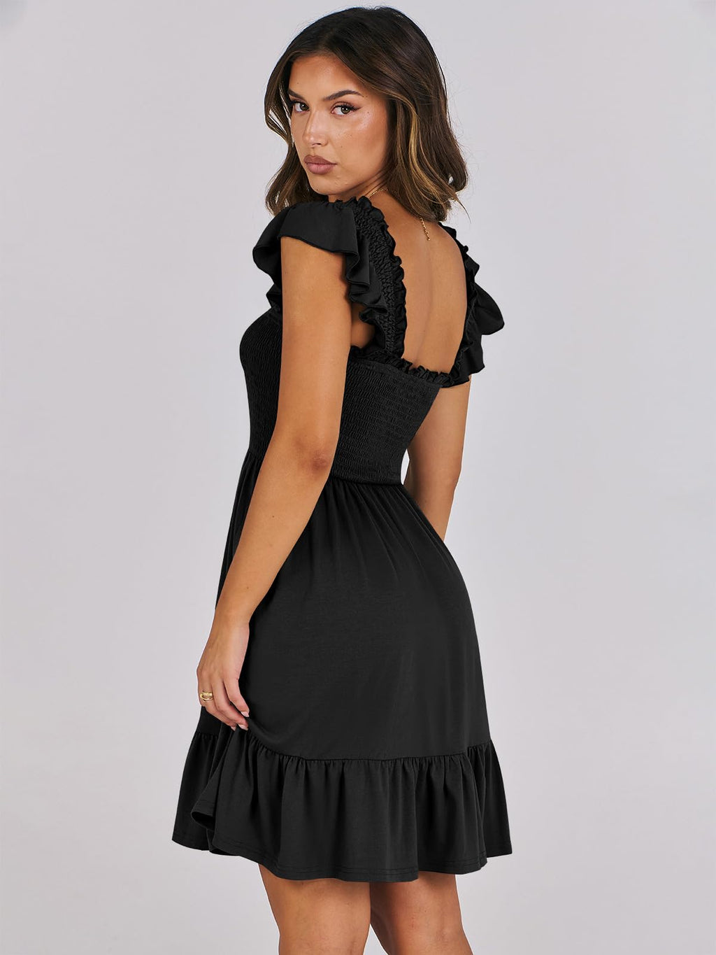 ANRABESS Women's Summer Casual Sleeveless Square Neck Dress 2025 Smocked Ruffle Backless Boho Beach Cute Teen Short Sundress Black Medium