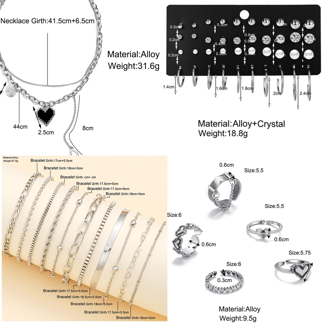 IFNODO 47pcs Silver Jewelry Set With 3 PCS Necklace, 11 PCS Bracelet,20pcs Hoop Stud Earrings,7pcs rings set For Women For Birthday Gifts