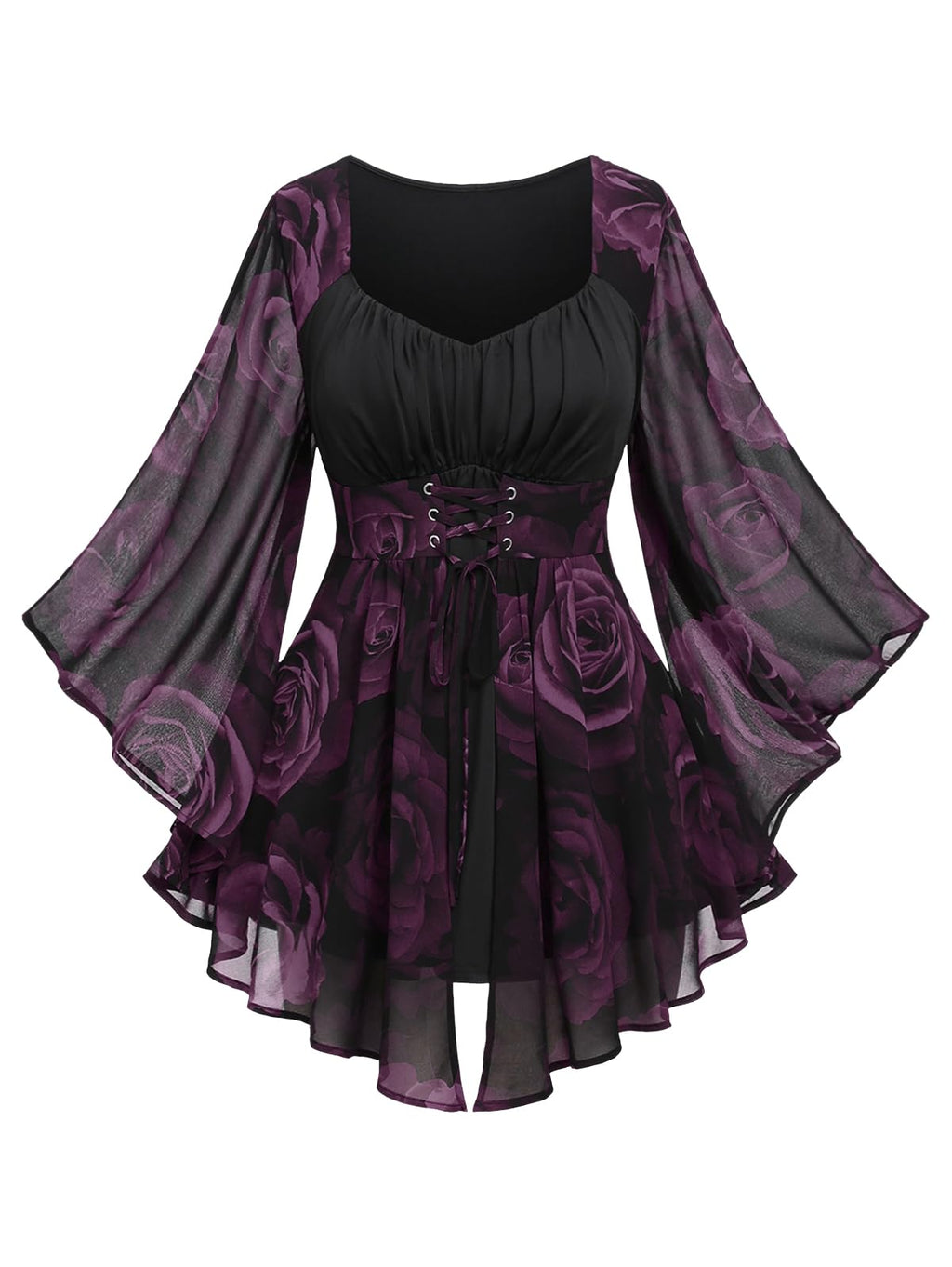 ROSE GAL Women Plus Size Romantic Gothic Lace-up Bell Sleeves Tee Flare Sleeves Renaissance Top Goth Vampire Costume Top(Purple_1/1X)