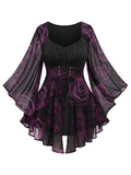ROSE GAL Women Plus Size Romantic Gothic Lace-up Bell Sleeves Tee Flare Sleeves Renaissance Top Goth Vampire Costume Top(Purple_1/1X)