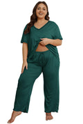 Vozanet Women's Plus Size Pajama Sets Short Sleeve Long Pants Solid Color with Piping Trim Elegant Loungewear Cozy Sleepwear with Pockets, Dark Green, XX-Large