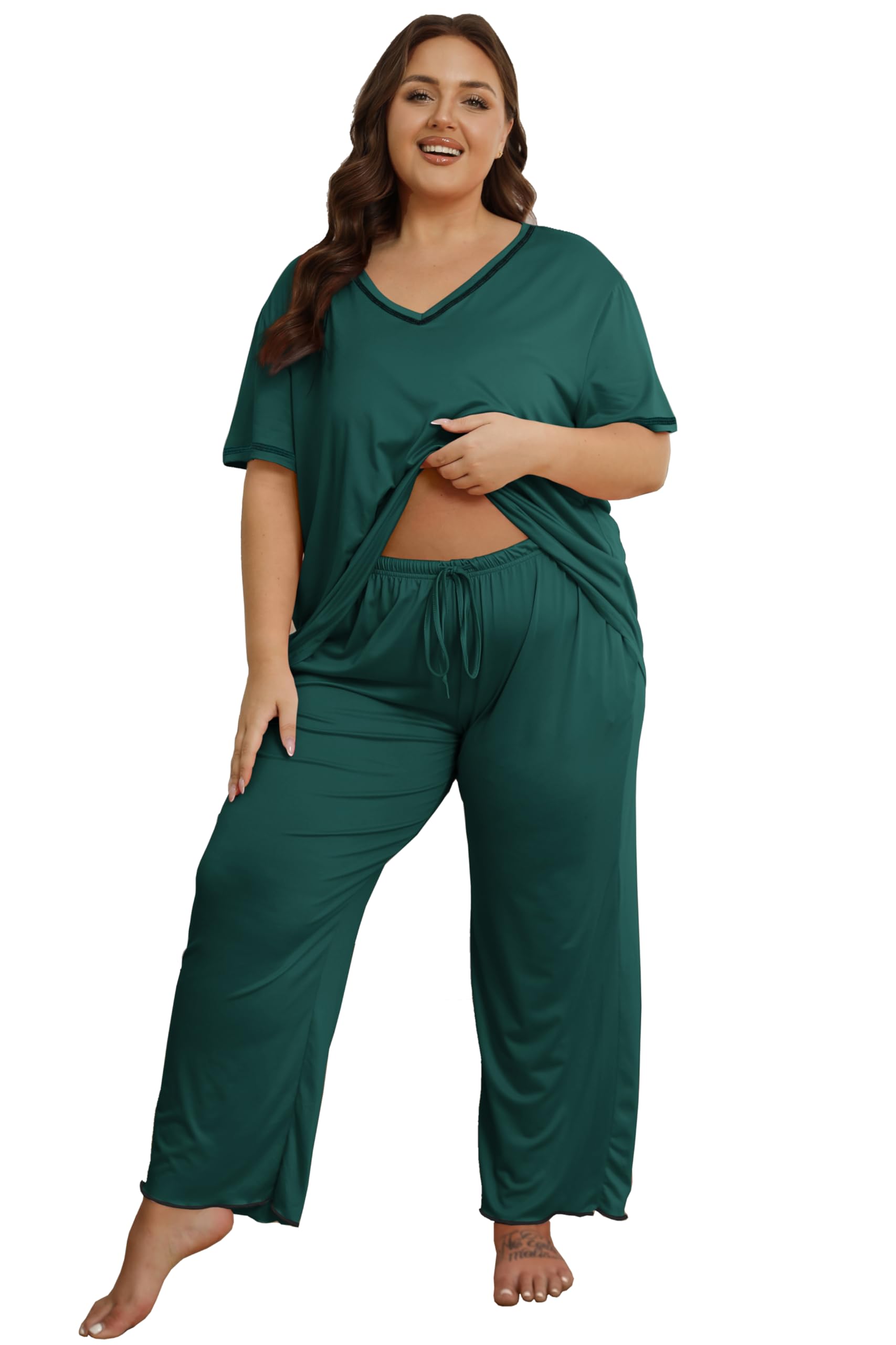 Vozanet Women's Plus Size Pajama Sets Short Sleeve Long Pants Solid Color with Piping Trim Elegant Loungewear Cozy Sleepwear with Pockets, Dark Green, XX-Large