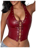 WDIRARA Women's Punk PU Leather Halter Top Grommet Eyelet Tie Front Corset Crop Top Burgundy X-Small