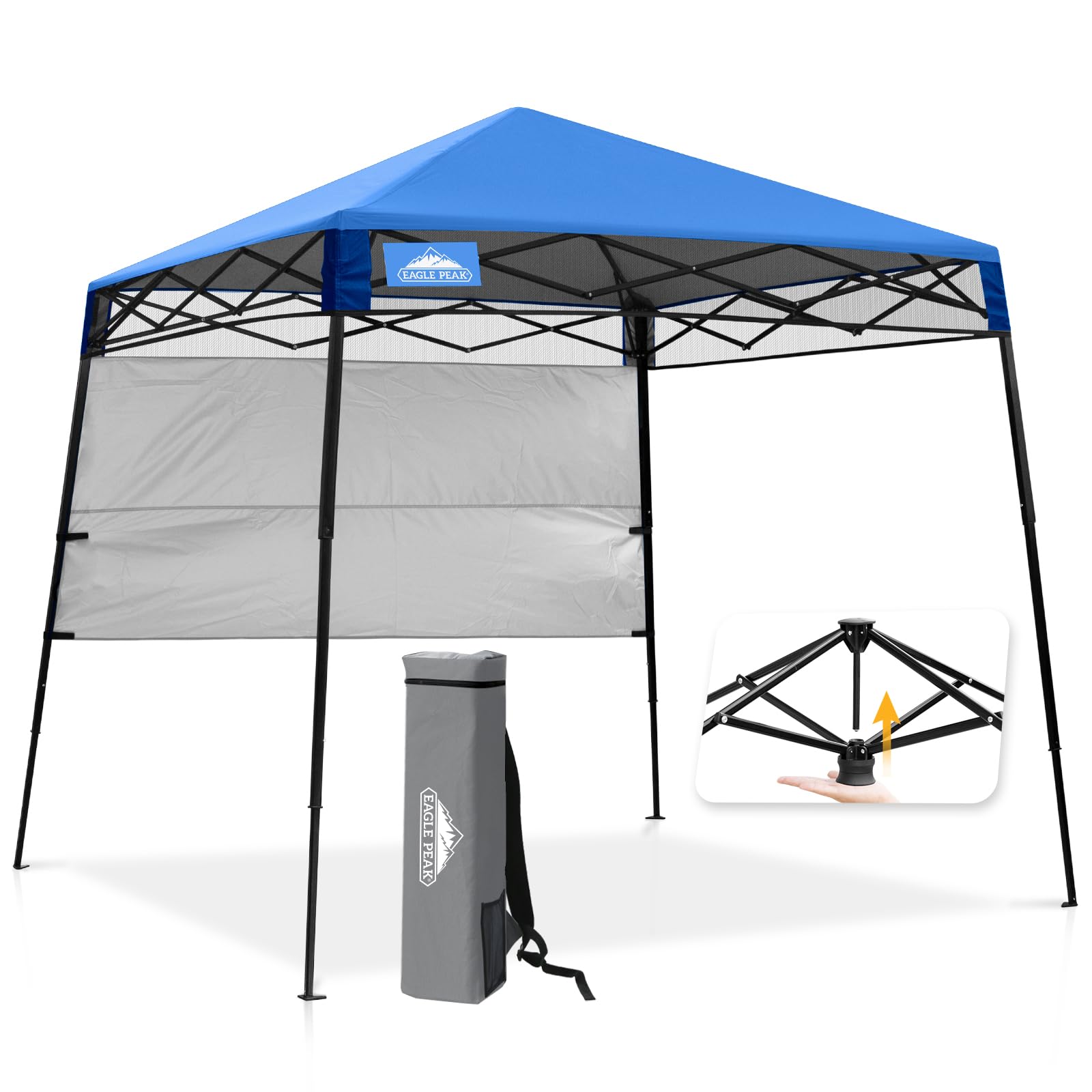 EAGLE PEAK 8x8 Pop Up Canopy Tent with Sidewall, Compact, Portable Slant Leg Instant Sun Shelter for Beach, Sports, & Camping, 8x8 Base 6x6 Top, Blue
