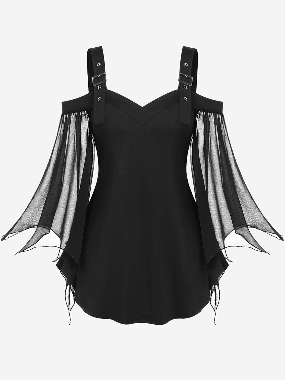 ROSE GAL Rosegal Women Plus Size Gothic Top Buckle Straps Cold Shoulder Mesh Bell Sleeve Top Witch Halloween Costume Flare Sleeves Top Open Shoulder Gothic Tee(Black_1/4X)