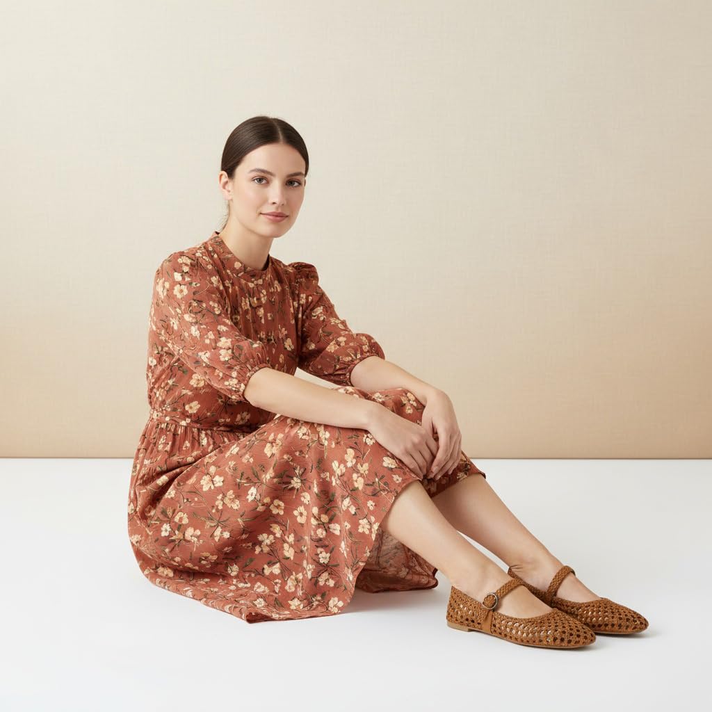 CUSHIONAIRE Weston Hand Woven Mary Jane Flats for Women, Comfortable Dressy Ballet Flats with Braided Adjustable Buckle and Memory Foam Cushioning, Cognac 8