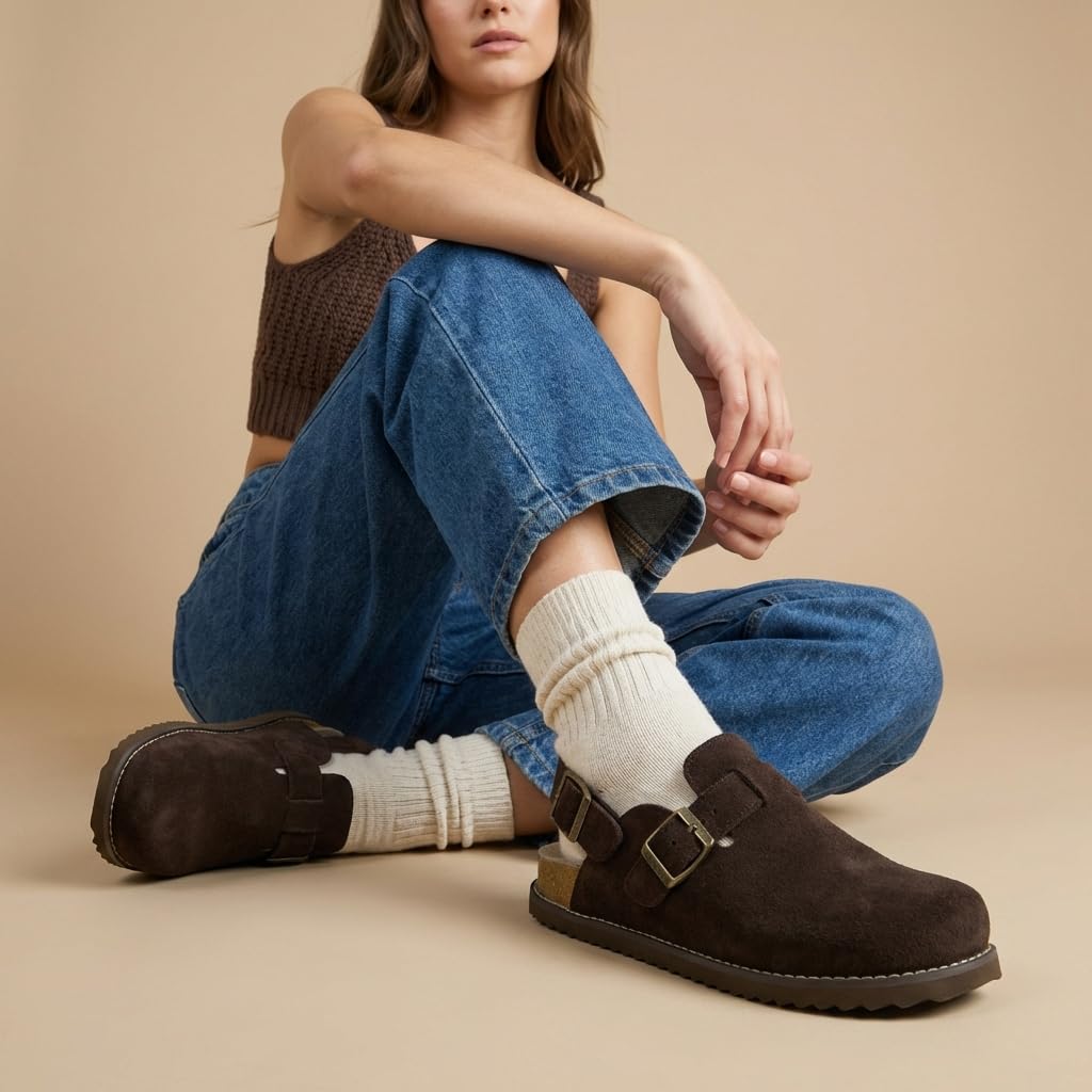 CUSHIONAIRE Brooklyn Suede Womens Slides– Comfortable Clog Mules with Adjustable Buckles – Summer Shoes for Women,CHOCOLATE 11W