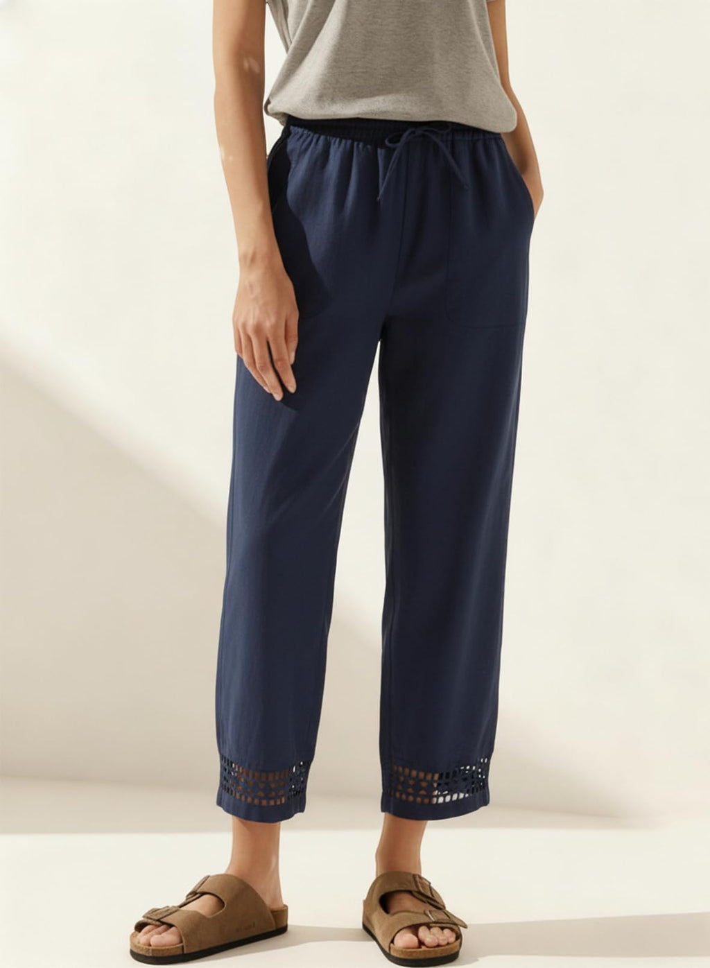 Acelitt Women Casual Linen Pants Fall Fashion 2026 Lightweight Drawstring Elastic Waist Beach Capri Pants Trousers with Pockets Blue Medium