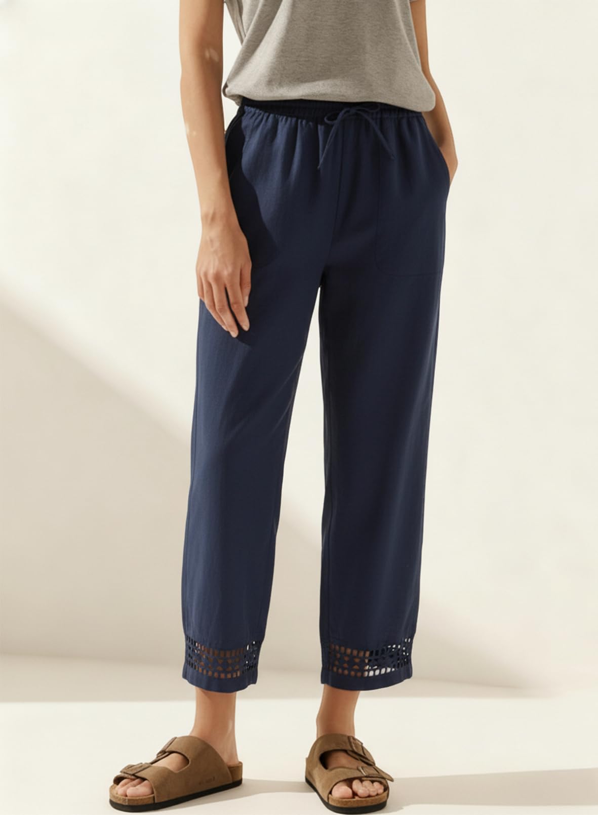 Acelitt Women Casual Linen Pants Fall Fashion 2026 Lightweight Drawstring Elastic Waist Beach Capri Pants Trousers with Pockets Blue Medium