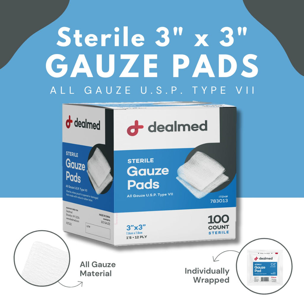 Dealmed 3’’ x 3’’ Sterile Gauze Pads (100 Count) Disposable and Individually Wrapped Medical Gauze Pads, Wound Care Product for First Aid Kit and Medical Facilities (Pack of 1)