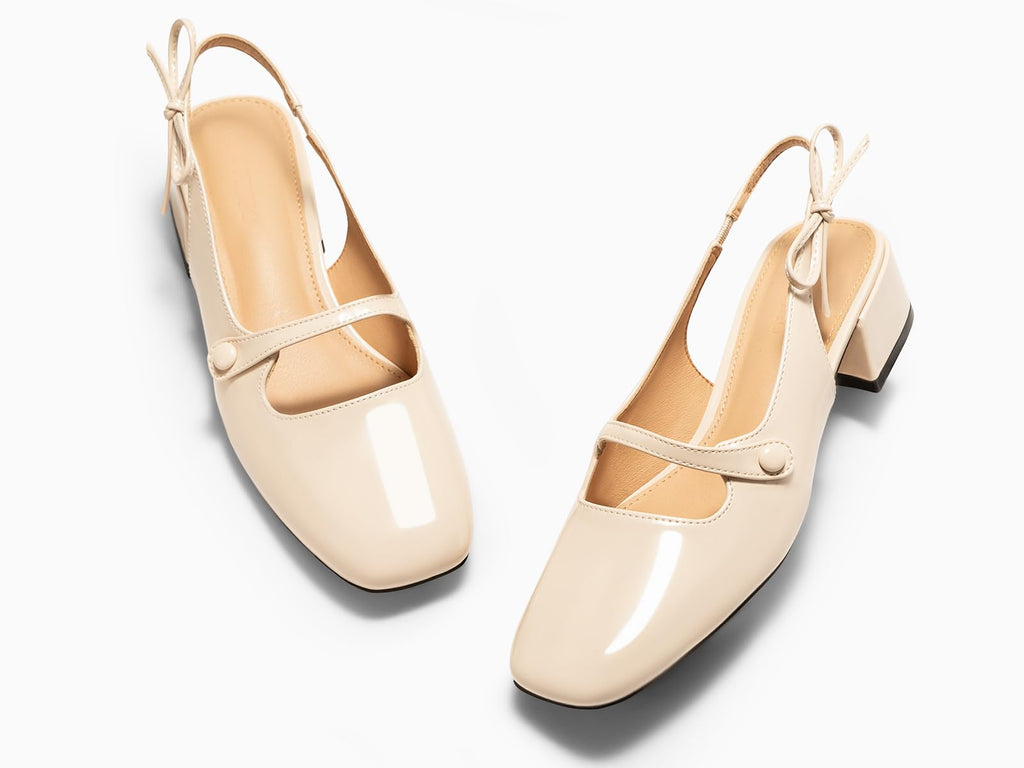 Coutgo Womens Mary Jane Shoes Slingback Chunky Low Heels Bow Closed Square Toe Pumps Wedding Party Dress Shoes, Apricot, Size 6