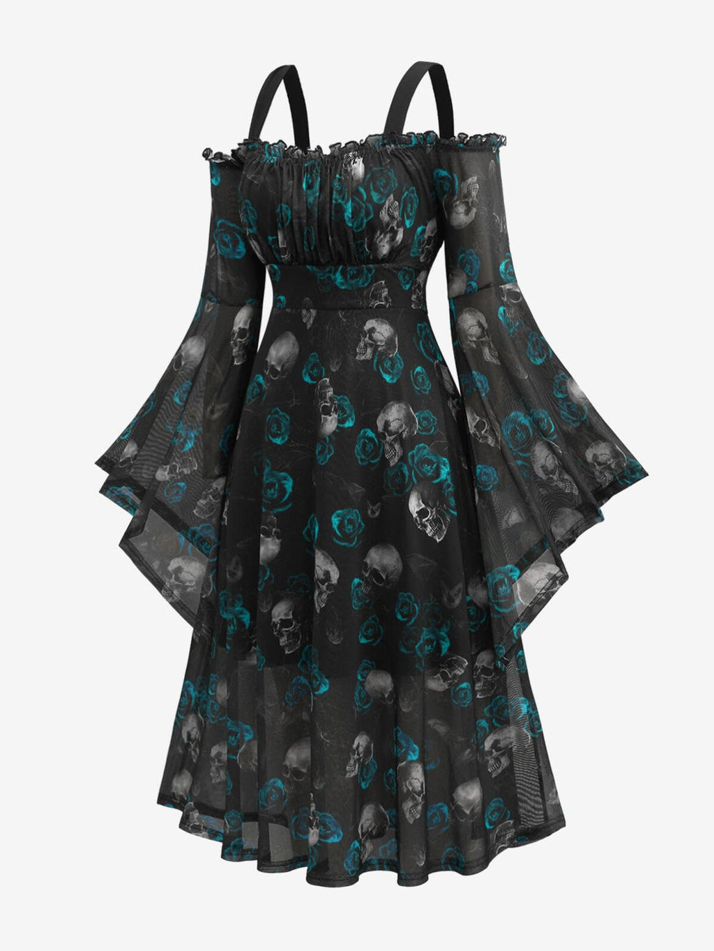 Rosegal Plus Size Women Medieval Renaissance Costume - Gothic Bell Sleeves Cold Shoulder Skulls Rose Mesh Dress - Blue (1/1X)