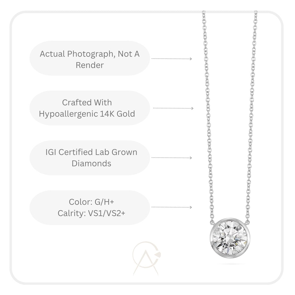 Carbon Atelier IGI Certified 3 Carat Brilliant Cut Lab Grown Diamond Round Solitaire Pendant Necklace for Women I 14k White Gold Necklace (G-H, VS1-VS2, cttw) I 18 Inch Long Chain I Lobster Claw