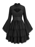 ROSE GAL Womens Plus Size Victorian Gothic Lace-up Layered Lace Trim Cutout Trumpet Sleeves Knee Length Dress(Black_1/1X)