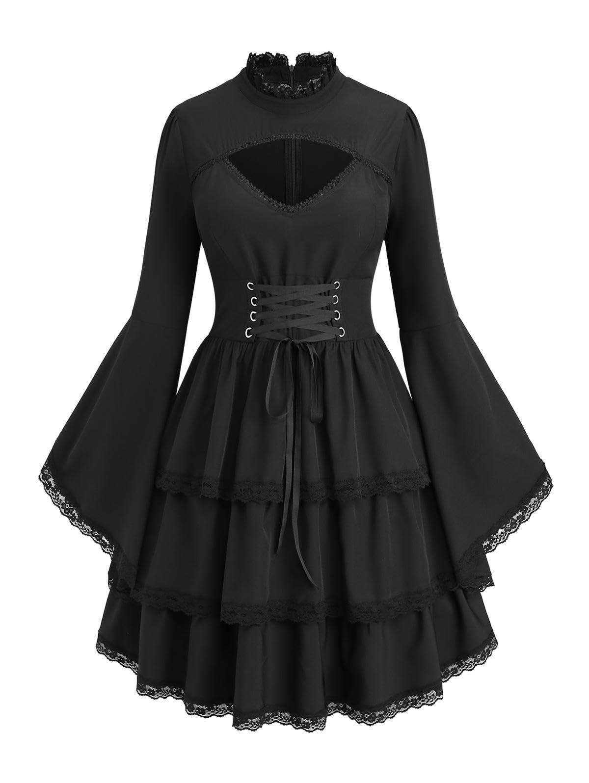 ROSE GAL Womens Plus Size Victorian Gothic Lace-up Layered Lace Trim Cutout Trumpet Sleeves Knee Length Dress(Black_1/1X)
