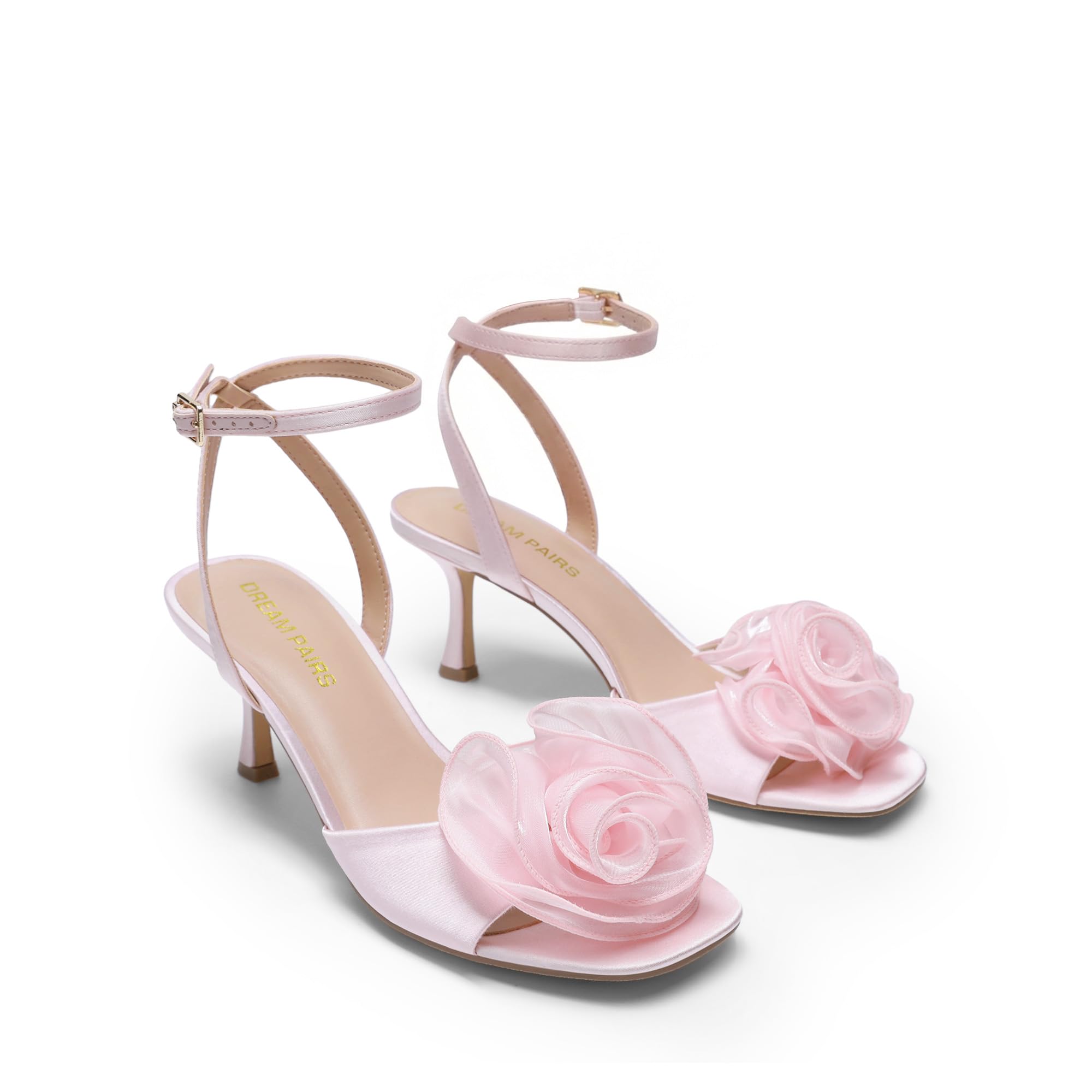 DREAM PAIRS Women's Low Kitten Wedding Heels Ankle Strap Square Toe Heeled Sandals Flower Dress Shoes,Size 7.5,Pink,SDHS26001W