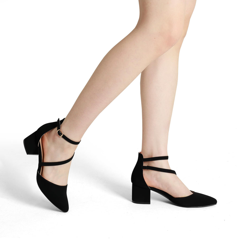 DREAM PAIRS Women's Closed Pointed Toe Low Chunky Heels Pumps Ankle Strap Wedding Business Dressy Shoes,Size 8,Black-Nubuck,SDPU2354W