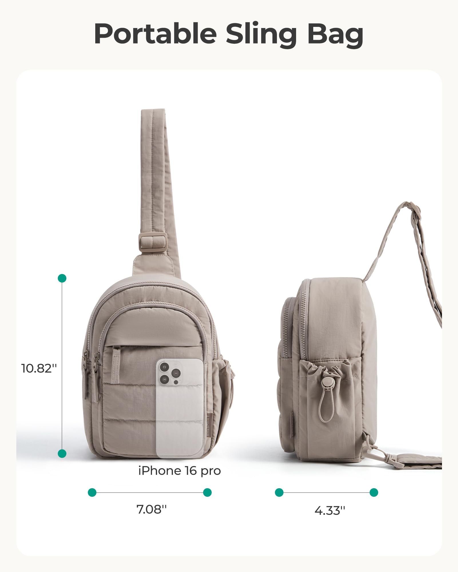 BAGSMART Small Sling Bag for Women, Puffer Crossbody Bag Purses Hobo Handbag Fanny Packs for Travel Hiking, Grey