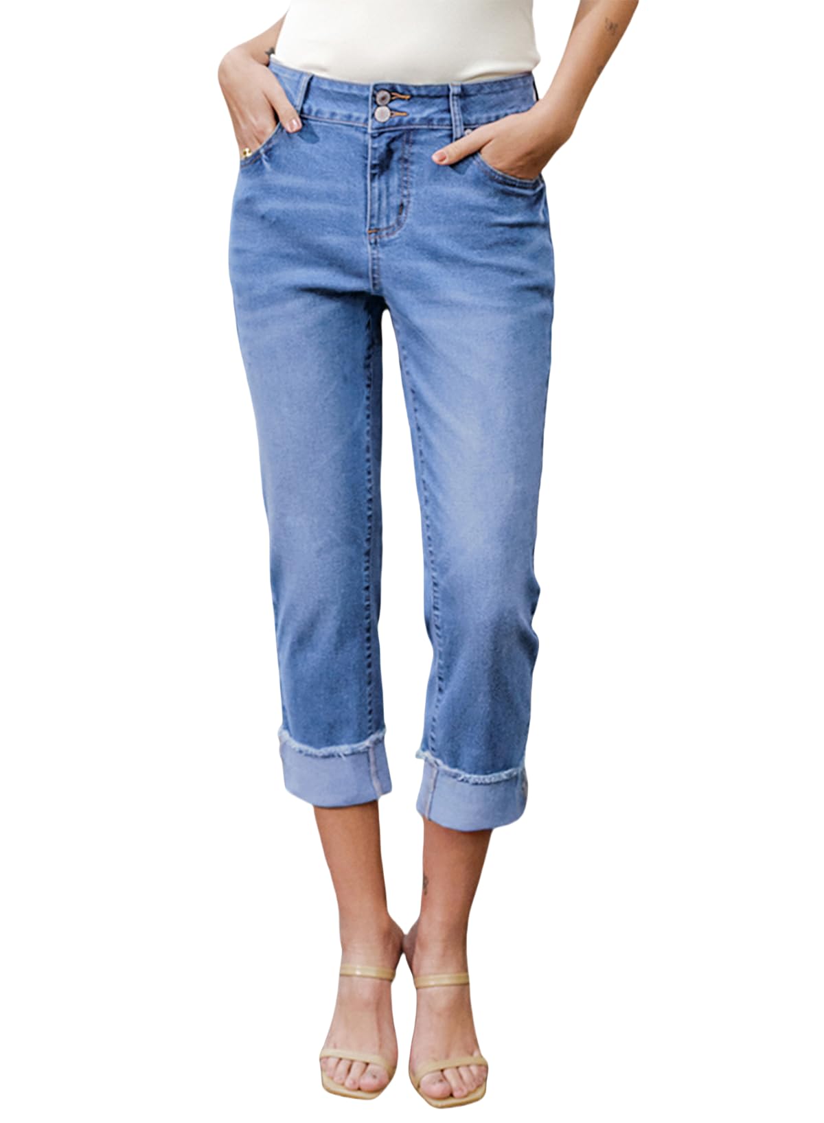 Sidefeel Women's High Waisted Stretchy Skinny Roll-up Summer Cuffed Cropped Denim Capri Pants Light Blue Size 6