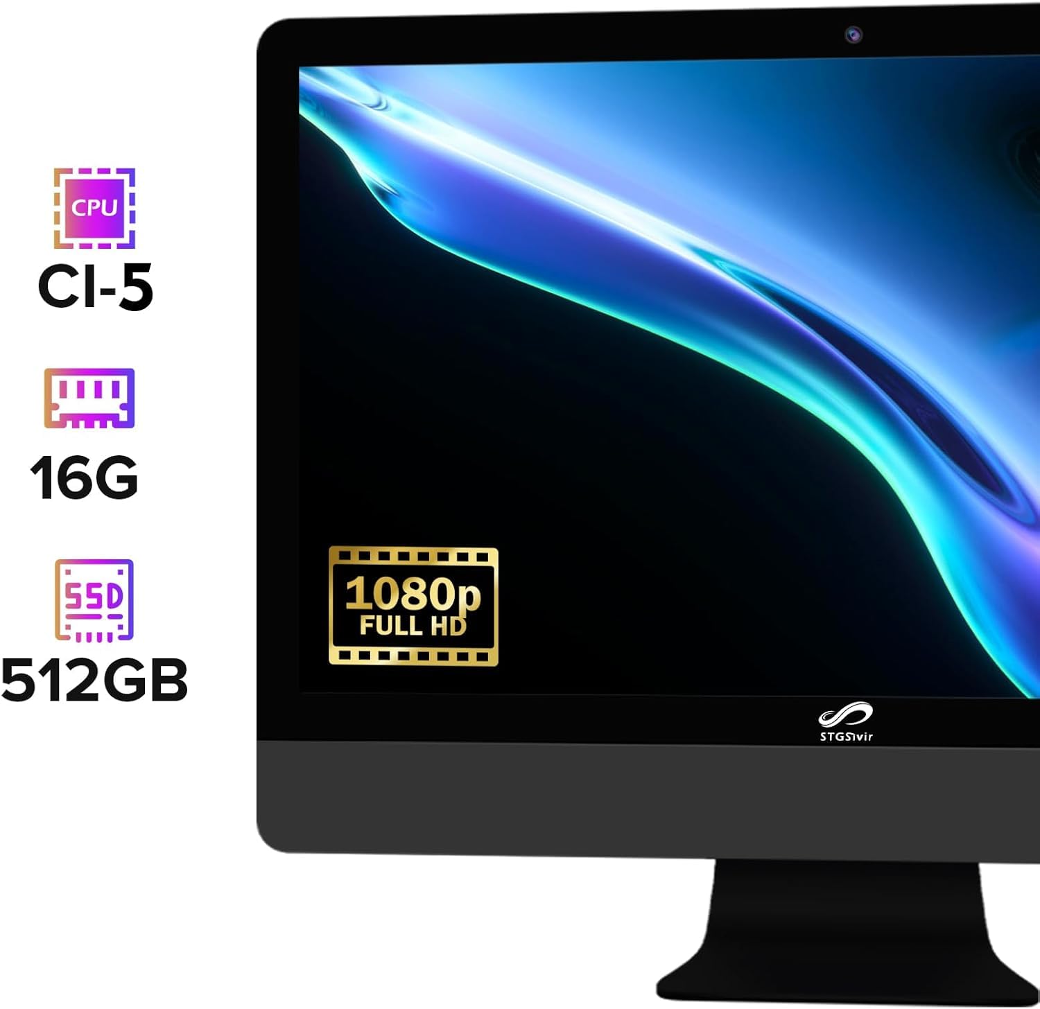 STGSivir All in One Desktop Computer, 22" FHD Display, Intel Core i5 up to 3.7GHz, 16GB RAM, 512GB SSD, WiFi, BT 5.0, RGB Keyboard & Mouse, Webcam, Windows 11 Home