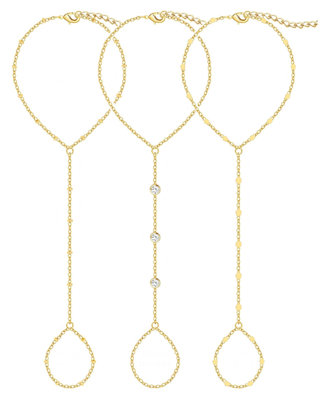 3PCS 14K Gold-Plated Hand Chain Bracelets for Women, Stack Bracelets Set Adjustable, Dainty Ring Bracelet Hand Chain