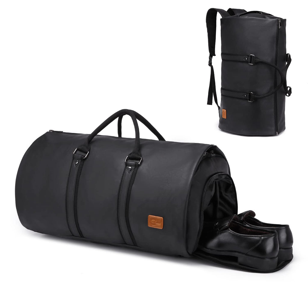Carry On Garment Backpack, 3 in 1 Waterproof Mens Garment Bag for Travel Business, Leather Duffel Bag with Shoe Compartment -Black