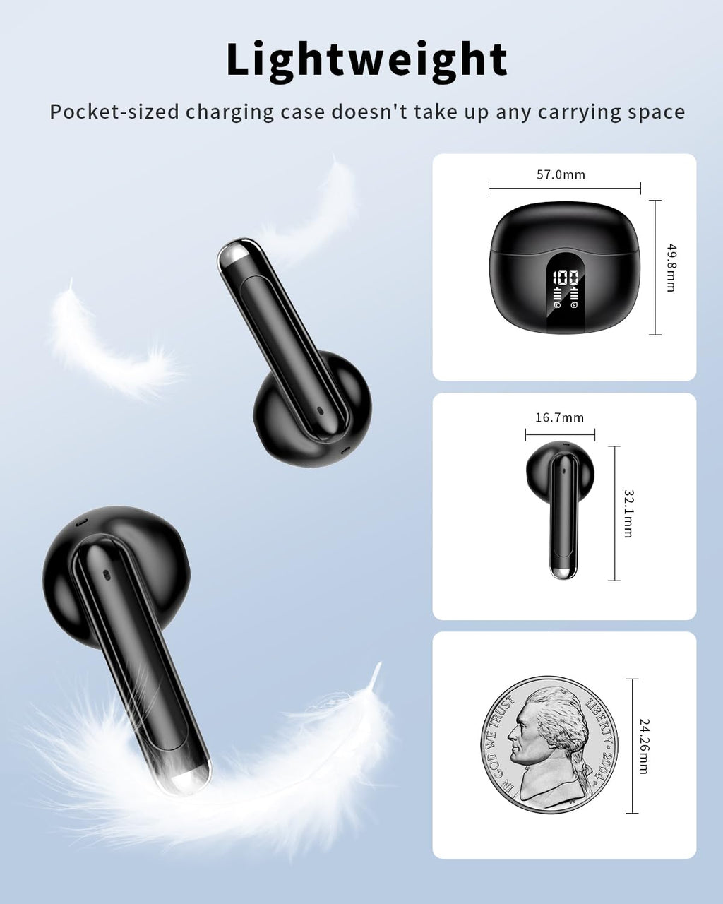 Wireless Earbuds, Bluetooth 5.4 Headphones HiFi Stereo, Ear Buds with 50H Playback, LED Display Wireless Earphones Clear Calls, IP7 Waterproof, Bluetooth Earbuds for Laptop/Phones/Sports, Black