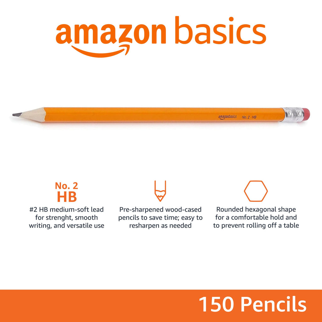 Amazon Basics Wood-Cased #2 Pencils for Writing, Drawing and Sketching, Pre-sharpened, HB Soft Lead with Erasers, Teacher Supplies, 150 Count, Yellow