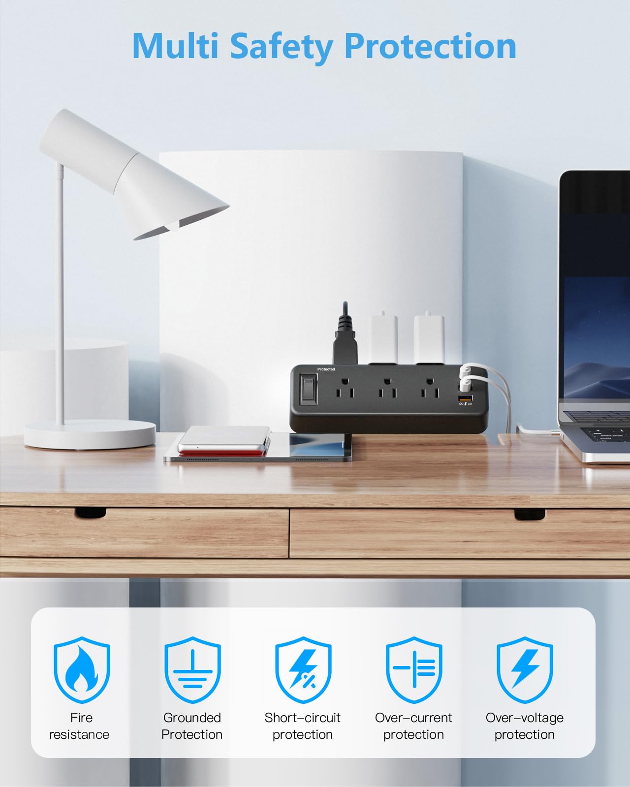 6 Outlet Desk Clamp Power Strip with USB C, Flat Plug Surge Protector, Desktop Edge Mount for 1.8 inch Tabletop Thick, Connect 6 ft Extension Cord, Table Edge Socket with Switch, Black