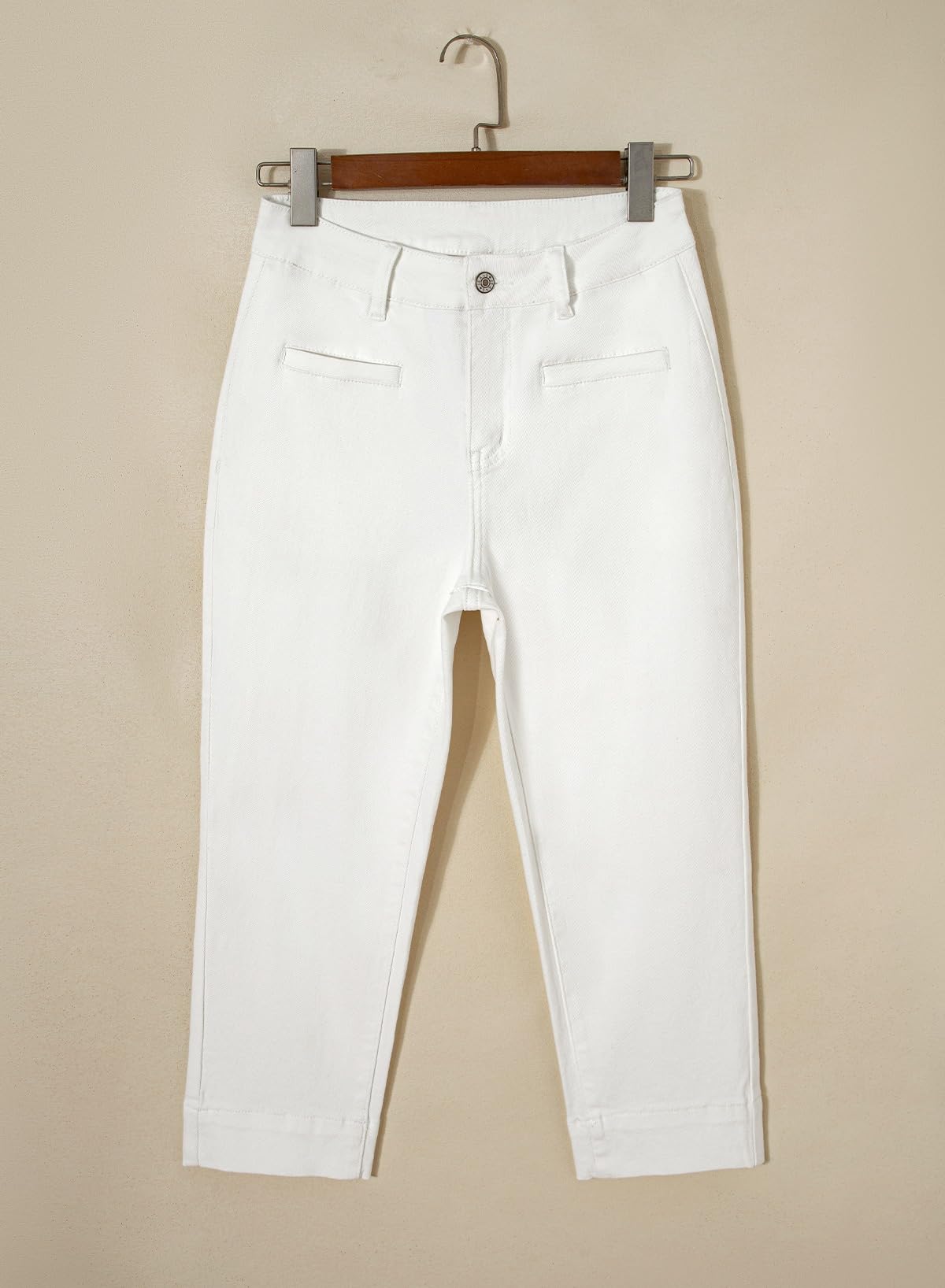 Sidefeel Capri Pants for Women High Waisted Stretchy Cropped Jeans Summer Trendy Casual Skinny Jeans with Welt Pockets Cream White Size 12