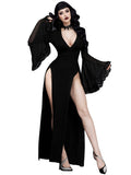 GothDark Womens Gothic Dress Black V Neck Mesh Bell Sleeve Lace Trim High Slit Sexy Witchy Halloween Cosplay Long Dresses